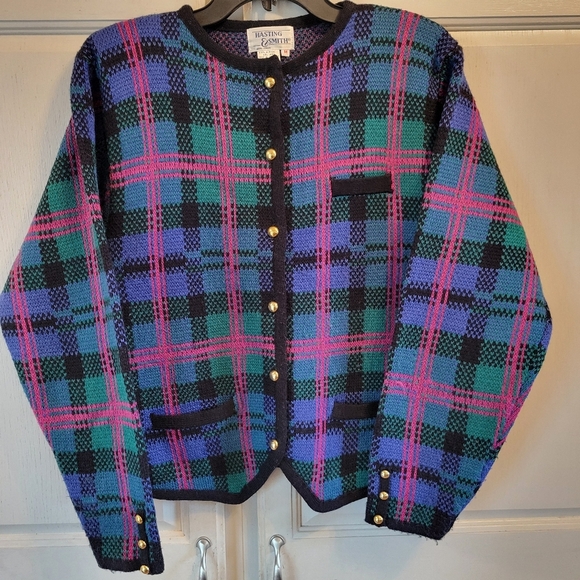 Vintage Hasting & Smith Pink Blue Green Purple Plaid Button Up Cardigan Sweater - Picture 1 of 5
